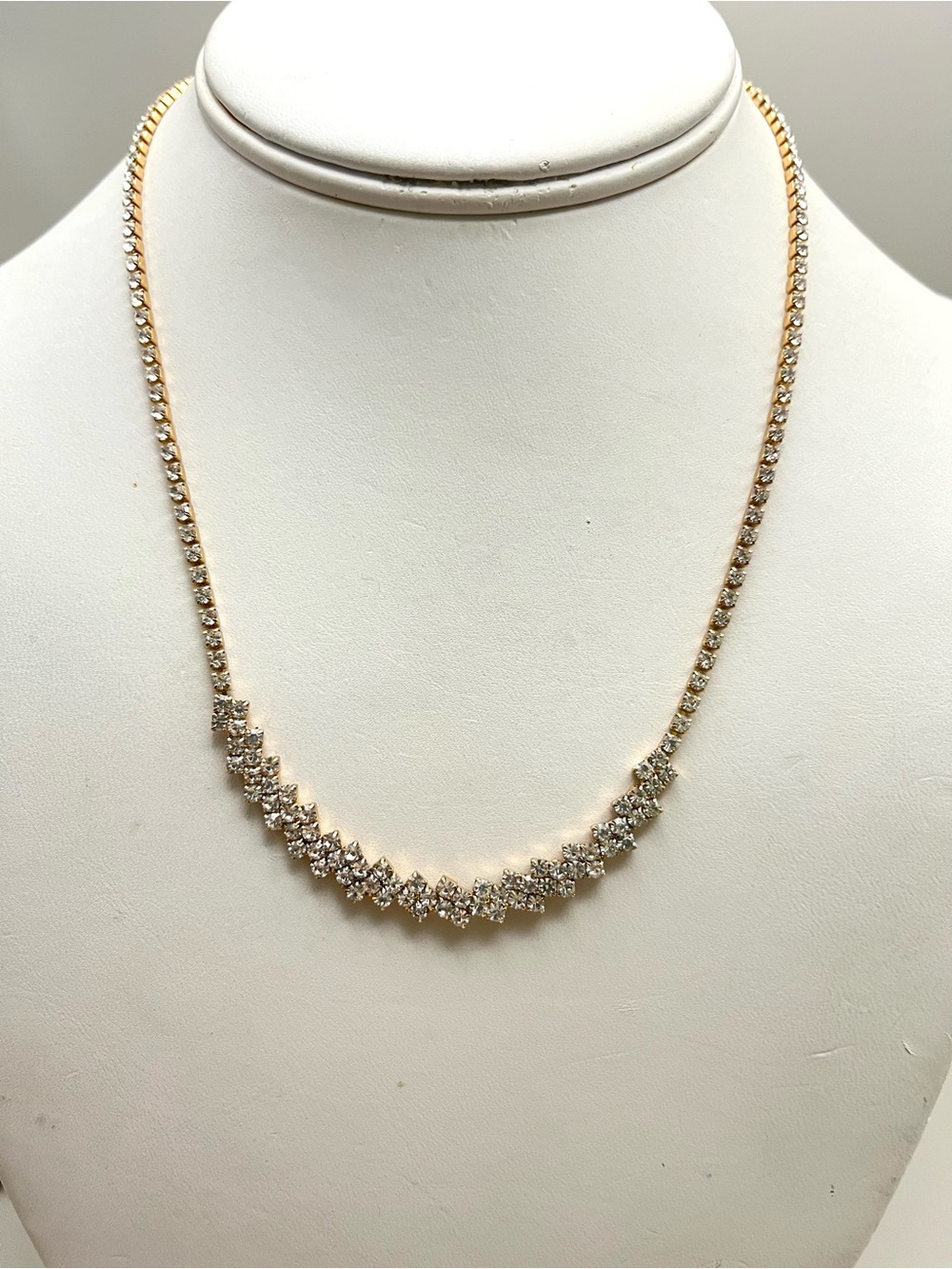 Gold Tone Rhinestone Tennis Necklace Crystal Cluster Zigzag Choker Wedding Prom